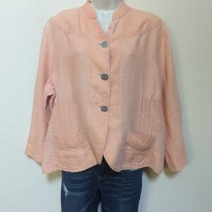 Chicos Linen Sz 3 Jacket Long Sleeve Mock Neck Button Up Peach